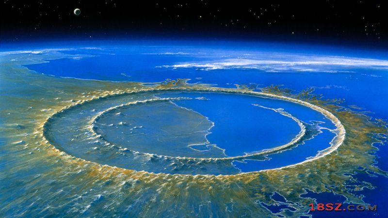 位于墨西哥尤卡坦半岛的希克苏鲁伯陨石坑的艺术图。图片来源：美国《科学》杂志官网